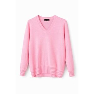 Curry Knits Pink V-Neck Sweater Womens Long Sleeve Ribbed Knit Pullover